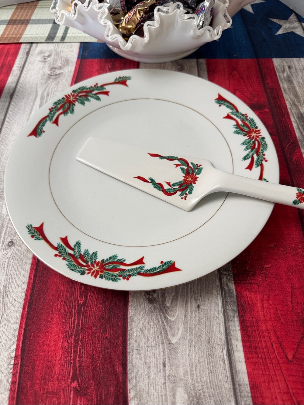 Festive Poinsettia Ceramic Serving Plate with Server - White, Red & Green
